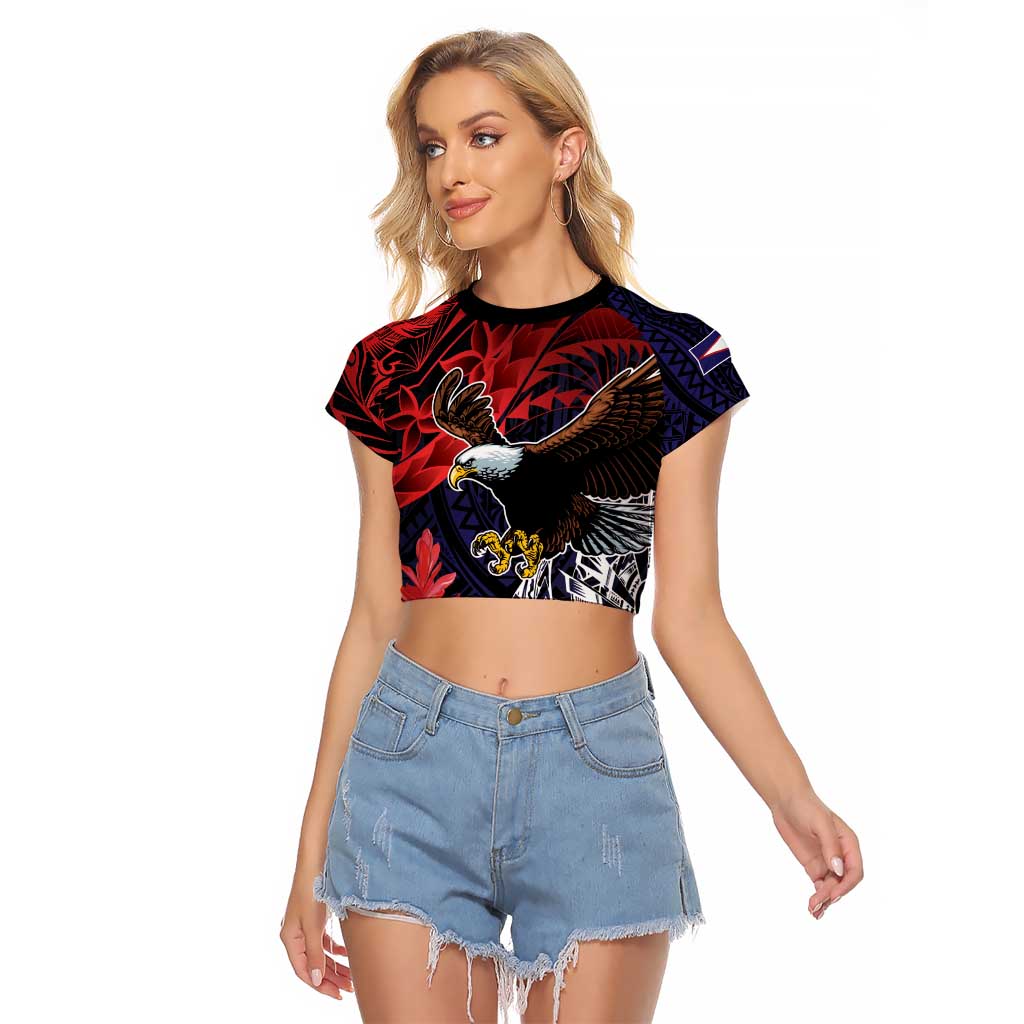 American Samoa Bald Eagle Personalized Raglan Cropped T Shirt Samoa Muamua Le Atua LT9 Female Blue - Polynesian Pride