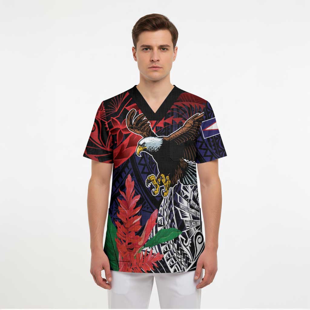 American Samoa Bald Eagle Personalized Scrub Top Samoa Muamua Le Atua - Polynesian Pride