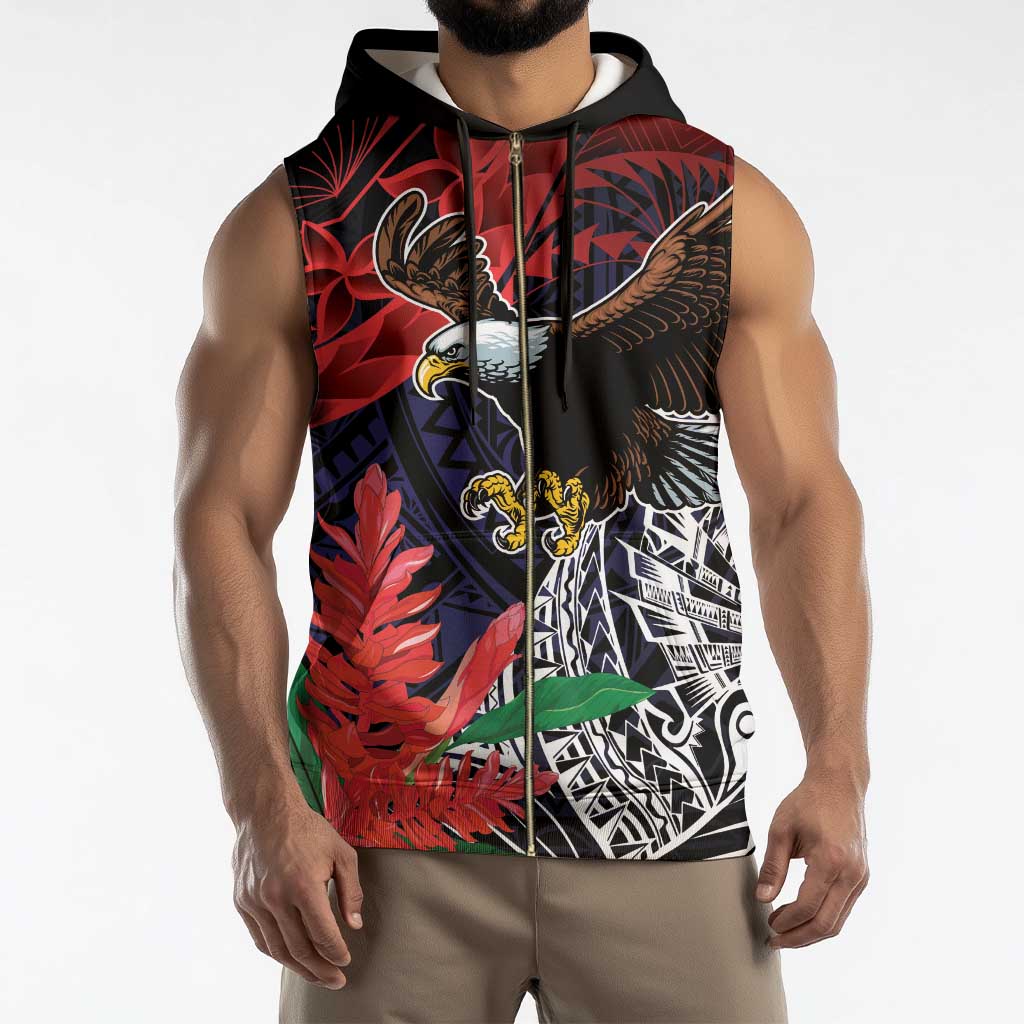American Samoa Bald Eagle Personalized Sleeveless Zip Hoodie Samoa Muamua Le Atua - Polynesian Pride