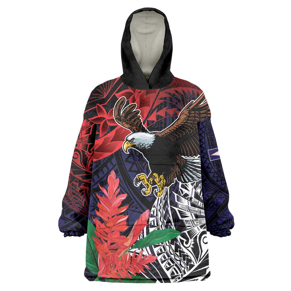 American Samoa Bald Eagle Personalized Wearable Blanket Hoodie Samoa Muamua Le Atua LT9 One Size Blue - Polynesian Pride
