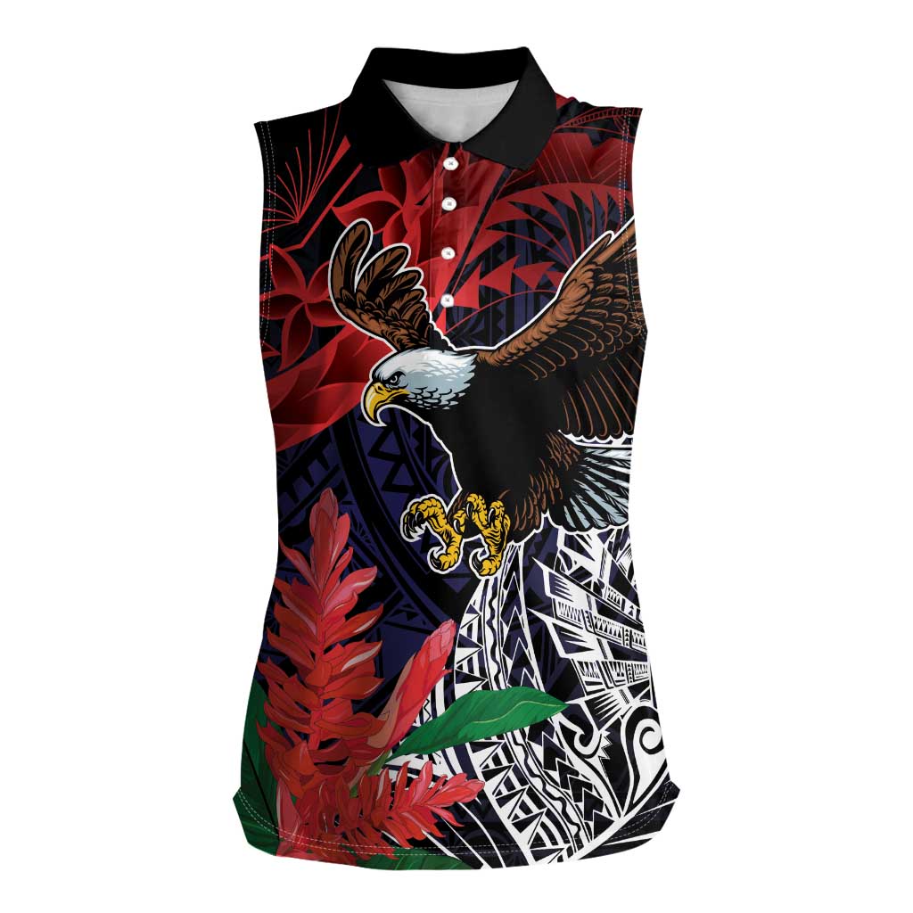 American Samoa Bald Eagle Personalized Women Sleeveless Polo Shirt Samoa Muamua Le Atua LT9 Female Blue - Polynesian Pride