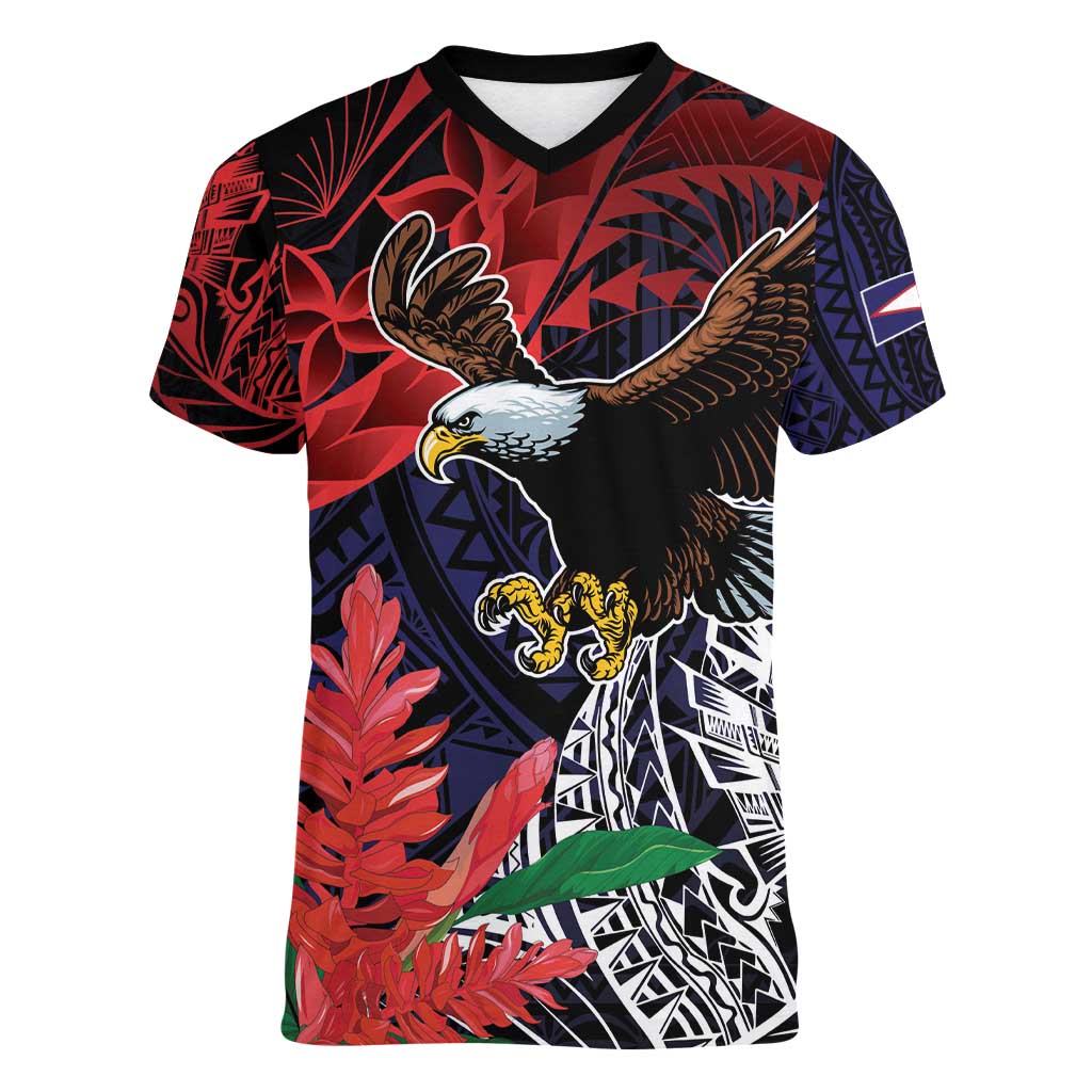 American Samoa Bald Eagle Personalized Women V-Neck T-Shirt Samoa Muamua Le Atua LT9 Female Blue - Polynesian Pride