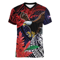American Samoa Bald Eagle Personalized Women V-Neck T-Shirt Samoa Muamua Le Atua LT9 Female Blue - Polynesian Pride