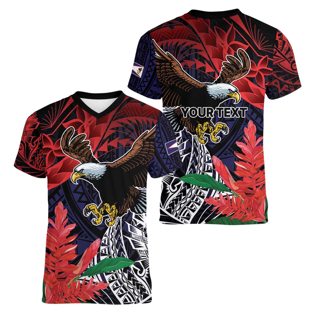 American Samoa Bald Eagle Personalized Women V-Neck T-Shirt Samoa Muamua Le Atua LT9 - Polynesian Pride