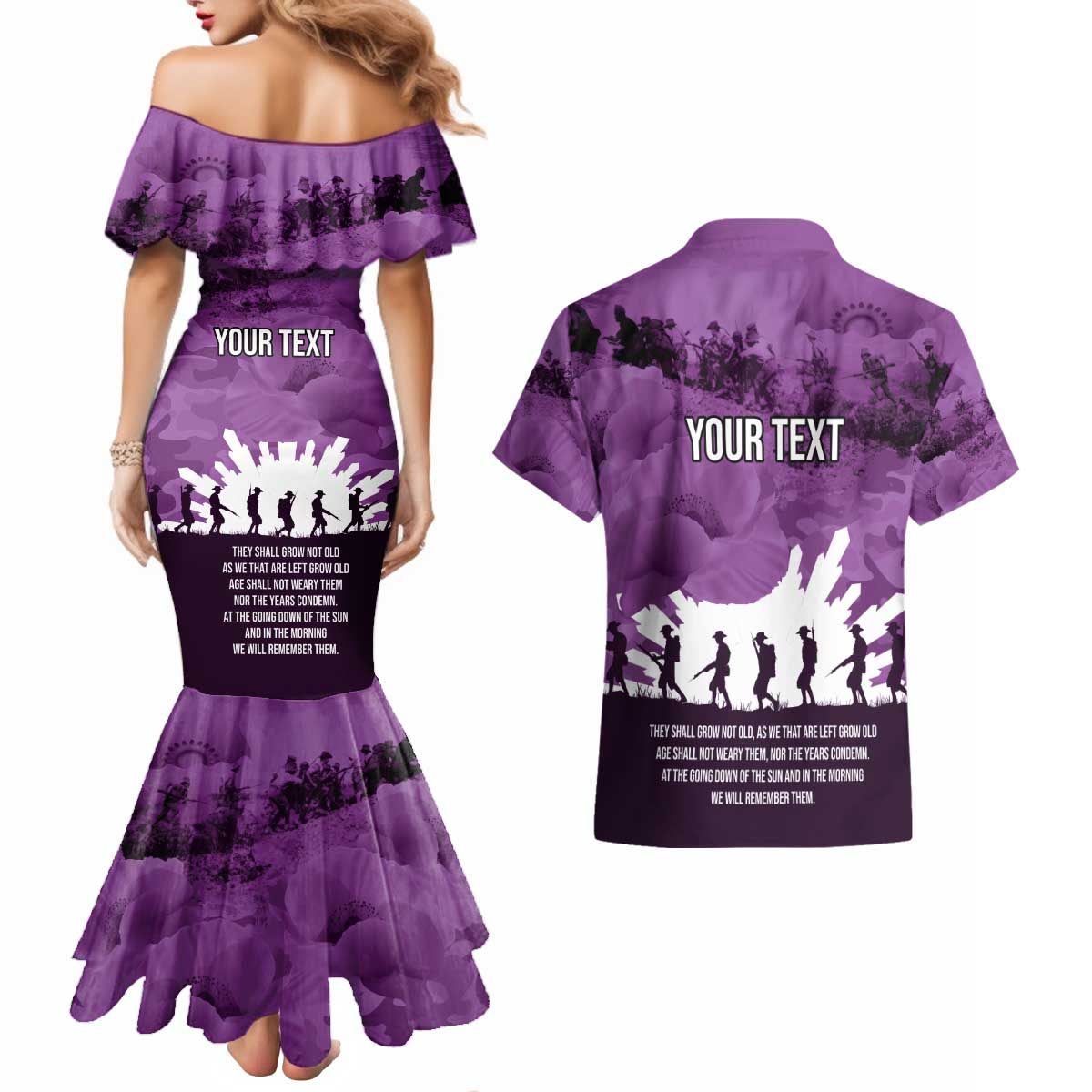 Anzac Day Gallipoli Personalised Couples Matching Mermaid Dress and Hawaiian Shirt Purple Poppy Flowers