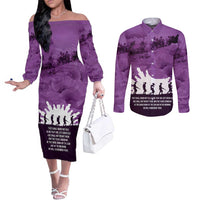 Anzac Day Gallipoli Personalised Couples Matching Off The Shoulder Long Sleeve Dress and Long Sleeve Button Shirt Purple Poppy Flowers