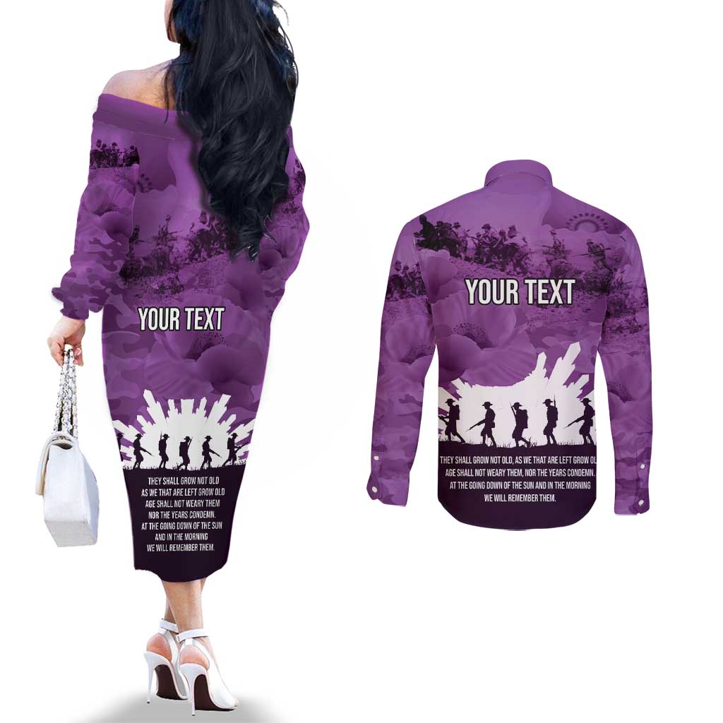 Anzac Day Gallipoli Personalised Couples Matching Off The Shoulder Long Sleeve Dress and Long Sleeve Button Shirt Purple Poppy Flowers