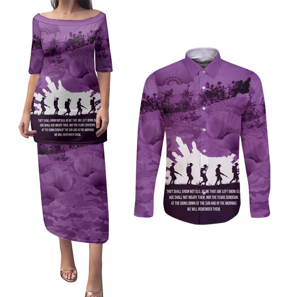 Anzac Day Gallipoli Personalised Couples Matching Puletasi and Long Sleeve Button Shirt Purple Poppy Flowers