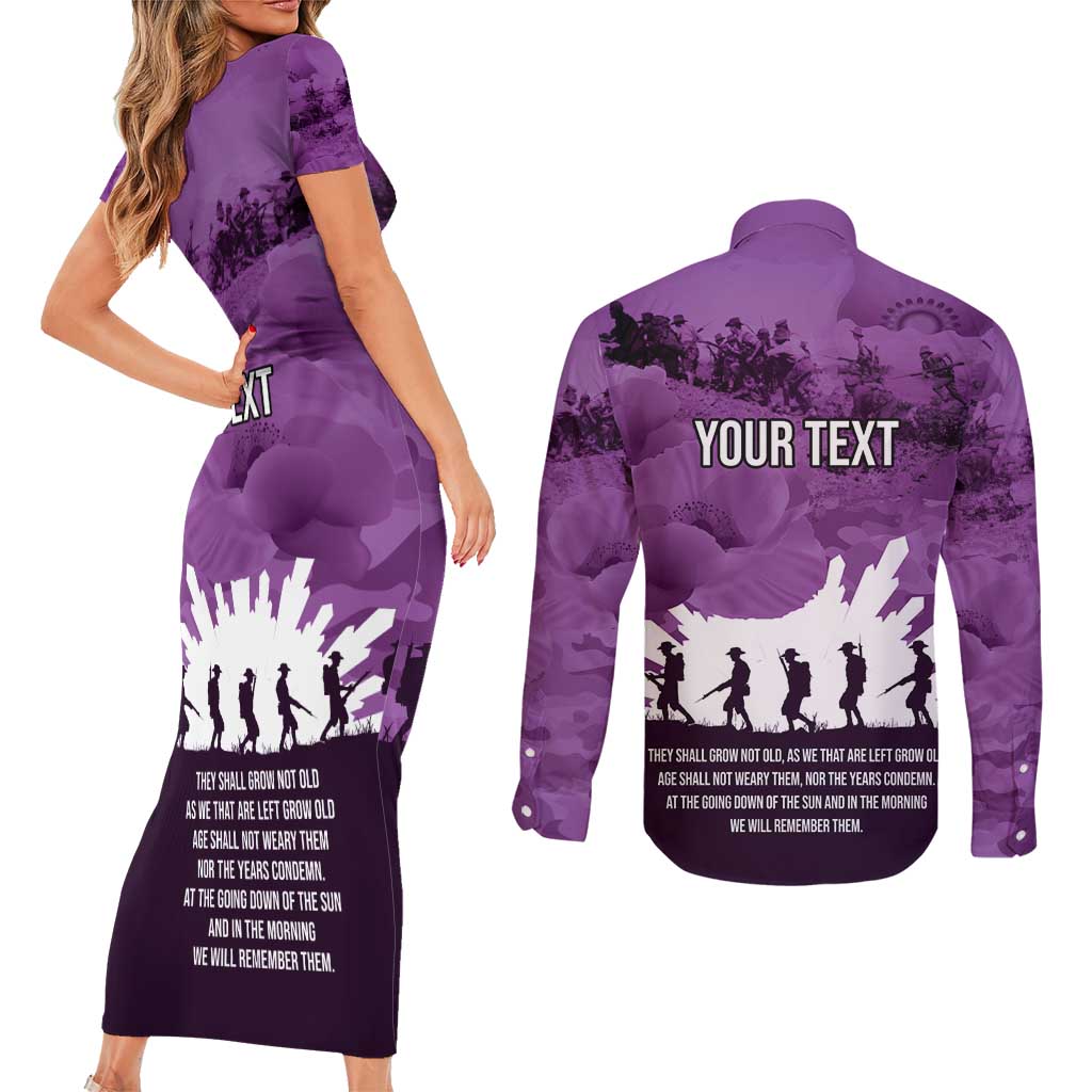 Anzac Day Gallipoli Personalised Couples Matching Short Sleeve Bodycon Dress and Long Sleeve Button Shirt Purple Poppy Flowers
