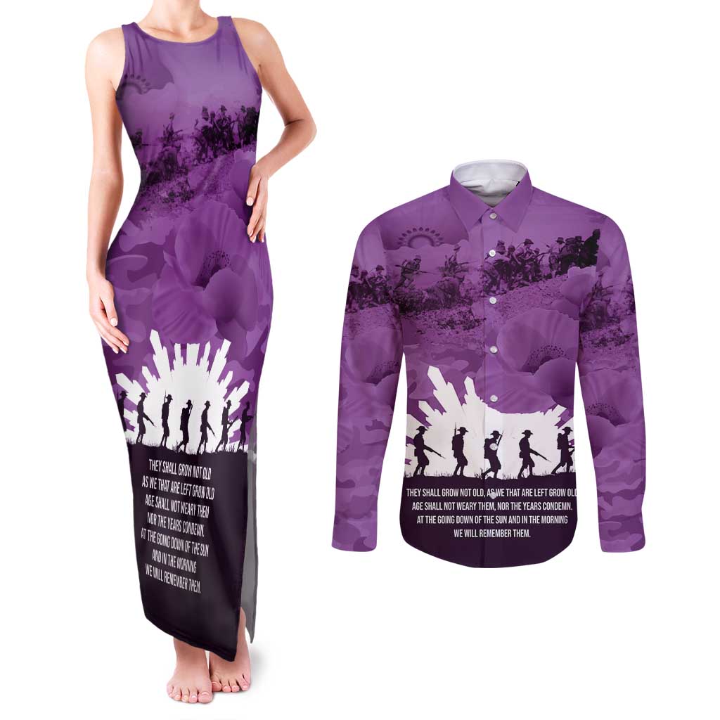 Anzac Day Gallipoli Personalised Couples Matching Tank Maxi Dress and Long Sleeve Button Shirt Purple Poppy Flowers