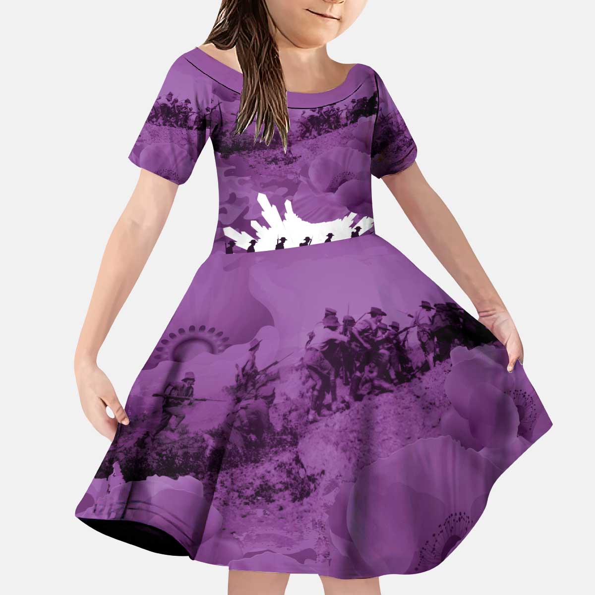 Anzac Day Gallipoli Personalised Kid Short Sleeve Dress Purple Poppy Flowers