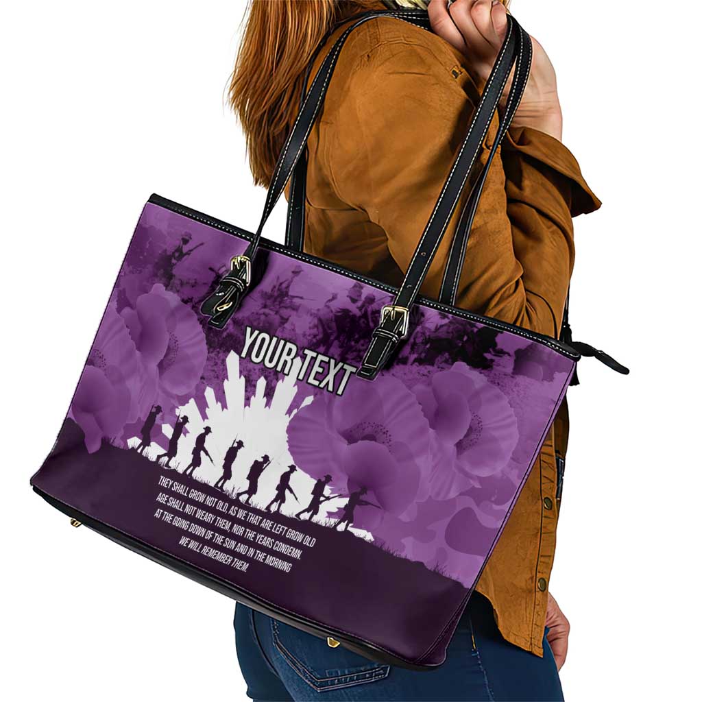Anzac Day Gallipoli Personalised Leather Tote Bag Purple Poppy Flowers