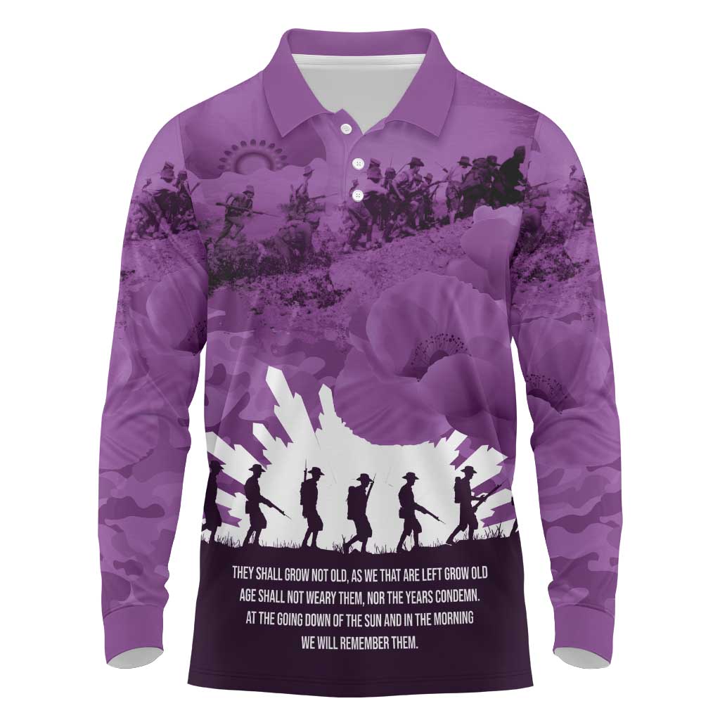 Anzac Day Gallipoli Personalised Long Sleeve Polo Shirt Purple Poppy Flowers