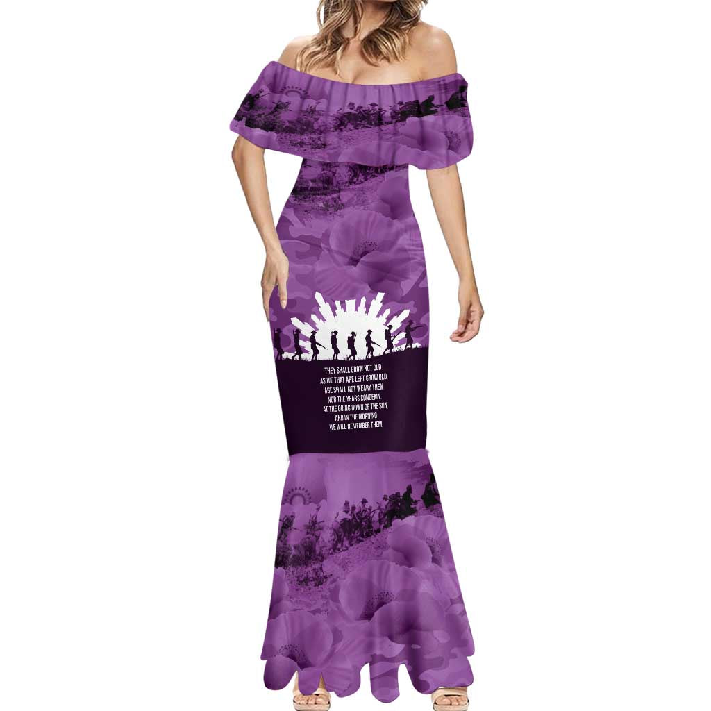 Anzac Day Gallipoli Personalised Mermaid Dress Purple Poppy Flowers