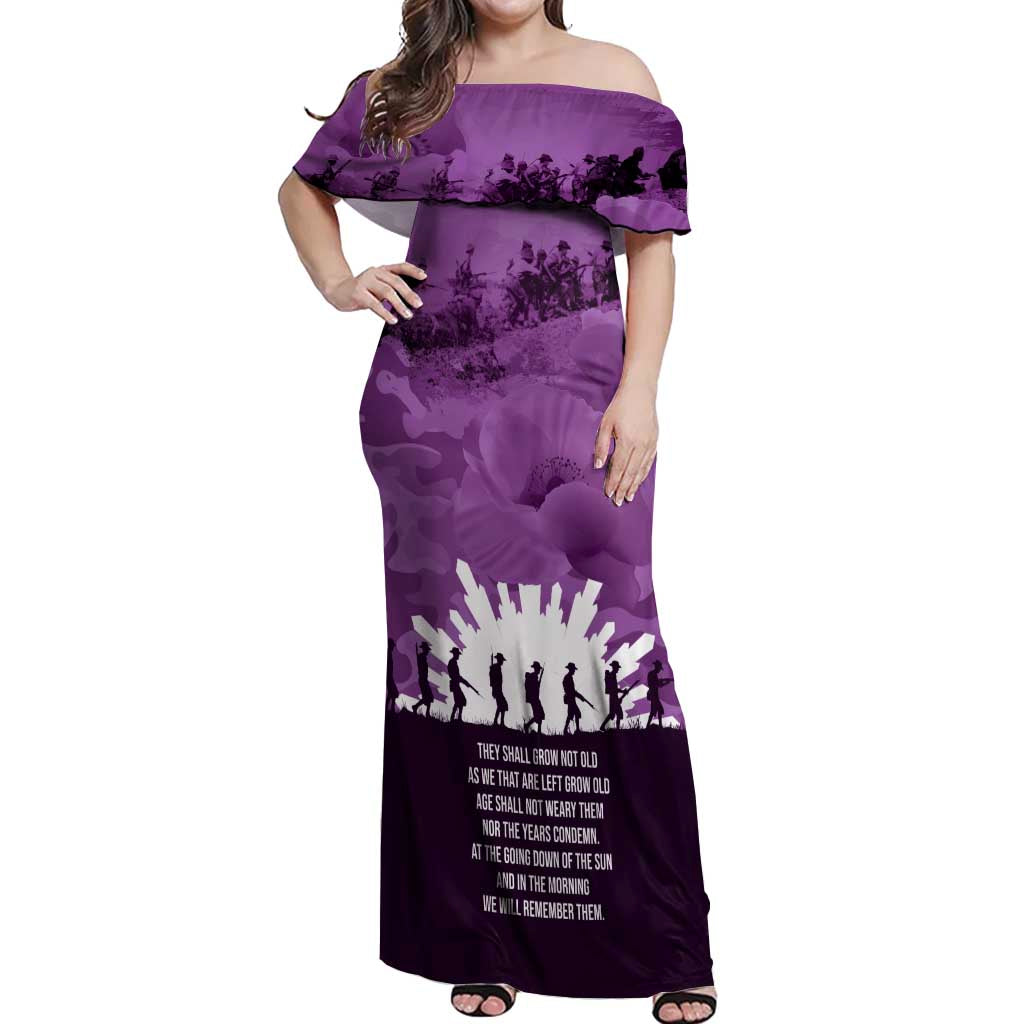 Anzac Day Gallipoli Personalised Off Shoulder Maxi Dress Purple Poppy Flowers