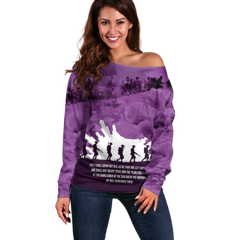 Anzac Day Gallipoli Personalised Off Shoulder Sweater Purple Poppy Flowers