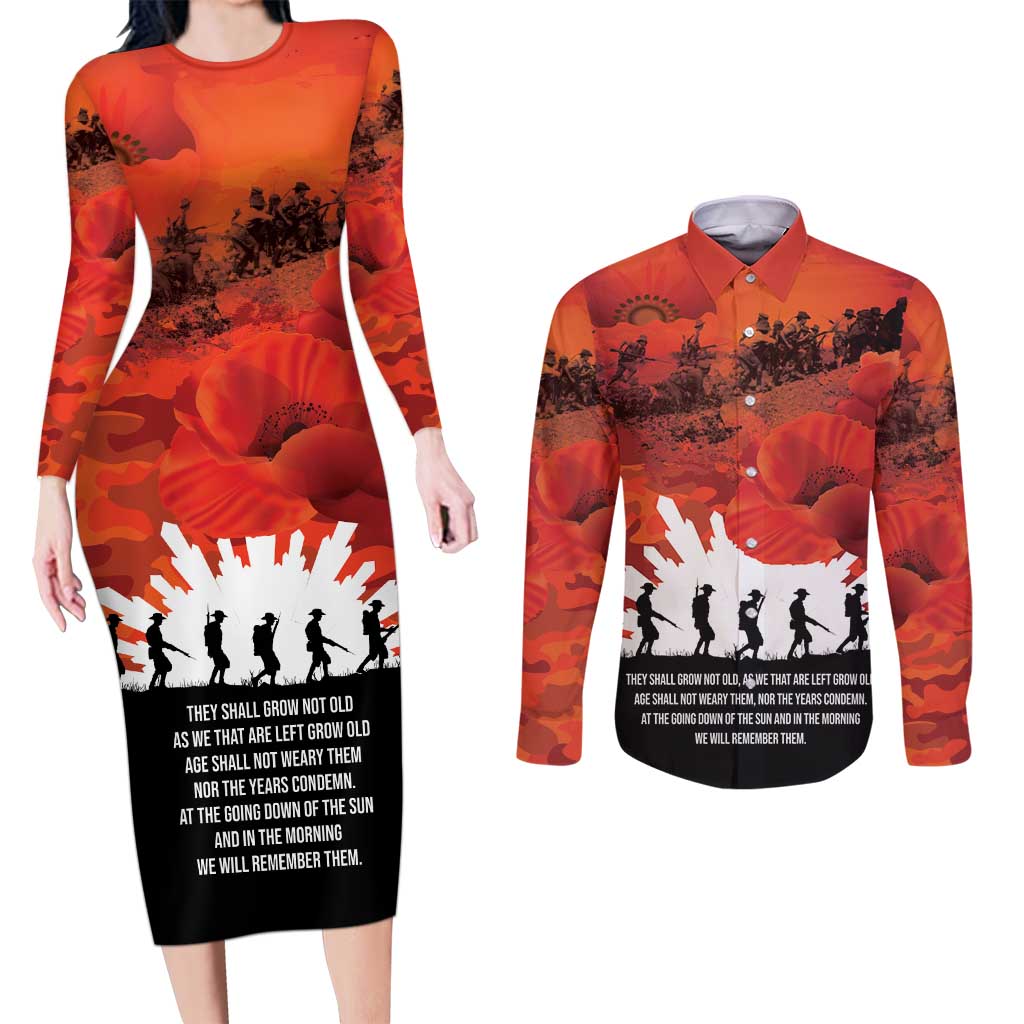 Anzac Day Gallipoli Personalised Couples Matching Long Sleeve Bodycon Dress and Long Sleeve Button Shirt Red Poppy Flowers