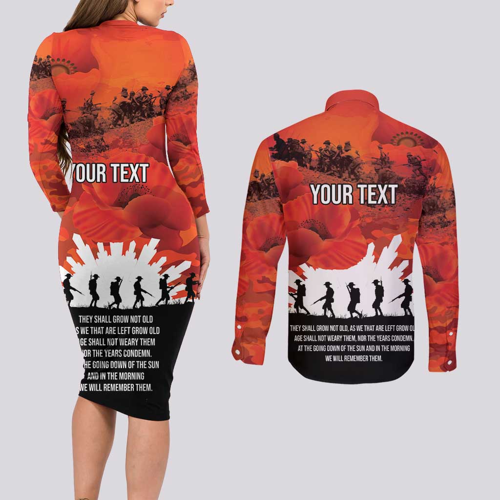 Anzac Day Gallipoli Personalised Couples Matching Long Sleeve Bodycon Dress and Long Sleeve Button Shirt Red Poppy Flowers