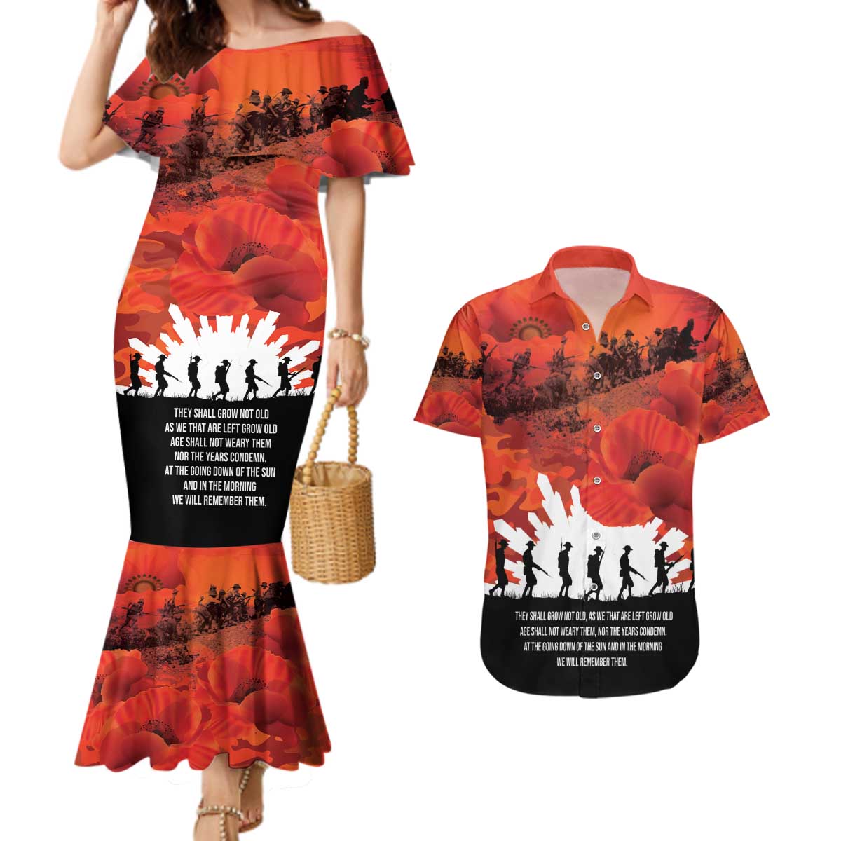 Anzac Day Gallipoli Personalised Couples Matching Mermaid Dress and Hawaiian Shirt Red Poppy Flowers