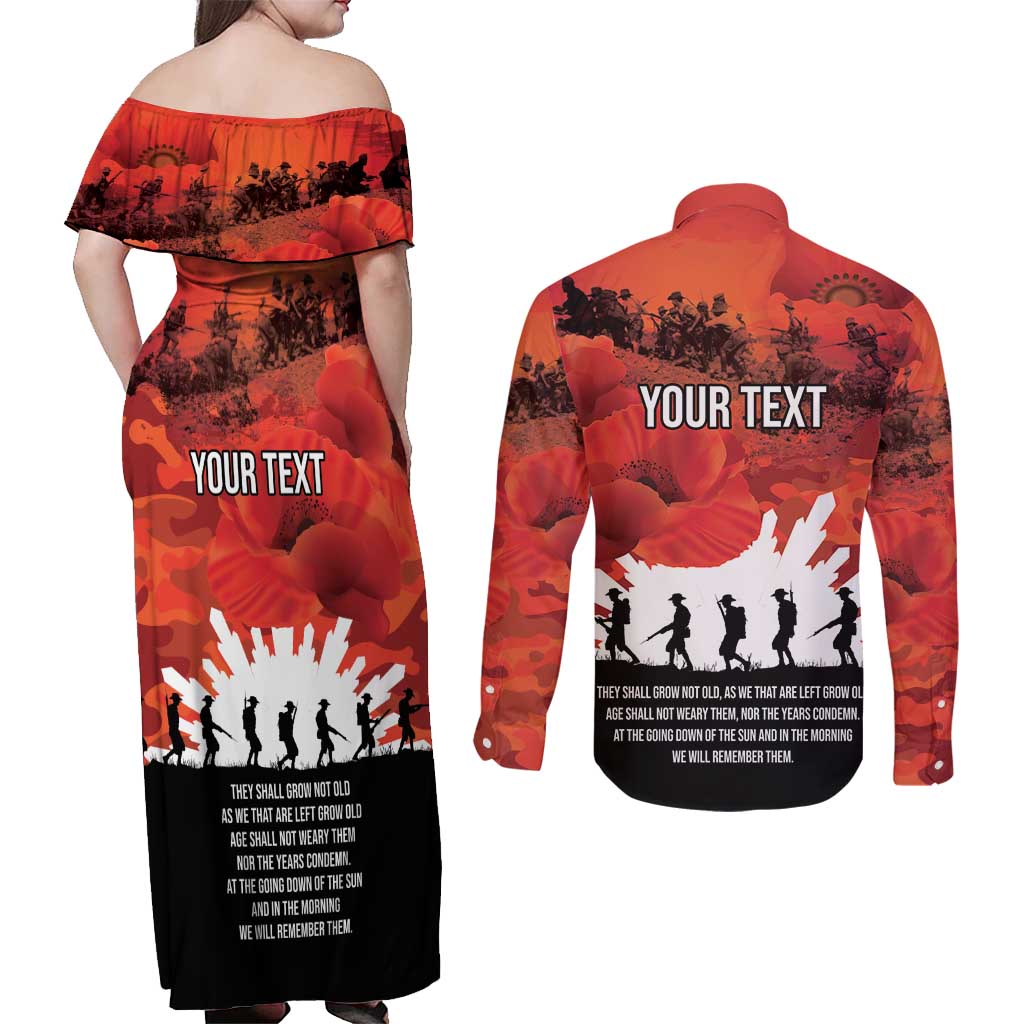 Anzac Day Gallipoli Personalised Couples Matching Off Shoulder Maxi Dress and Long Sleeve Button Shirt Red Poppy Flowers
