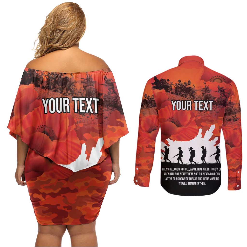 Anzac Day Gallipoli Personalised Couples Matching Off Shoulder Short Dress and Long Sleeve Button Shirt Red Poppy Flowers