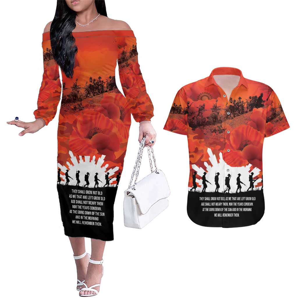 Anzac Day Gallipoli Personalised Couples Matching Off The Shoulder Long Sleeve Dress and Hawaiian Shirt Red Poppy Flowers