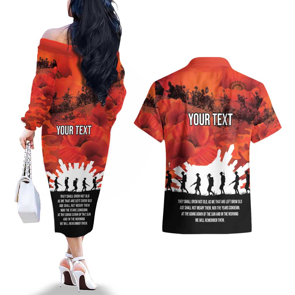 Anzac Day Gallipoli Personalised Couples Matching Off The Shoulder Long Sleeve Dress and Hawaiian Shirt Red Poppy Flowers