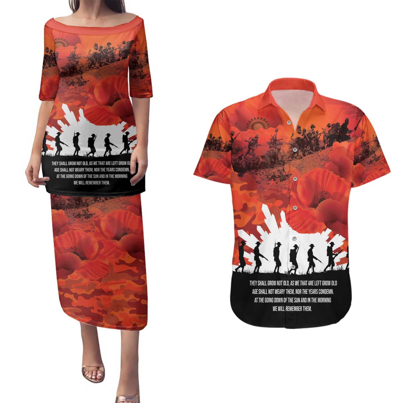Anzac Day Gallipoli Personalised Couples Matching Puletasi and Hawaiian Shirt Red Poppy Flowers