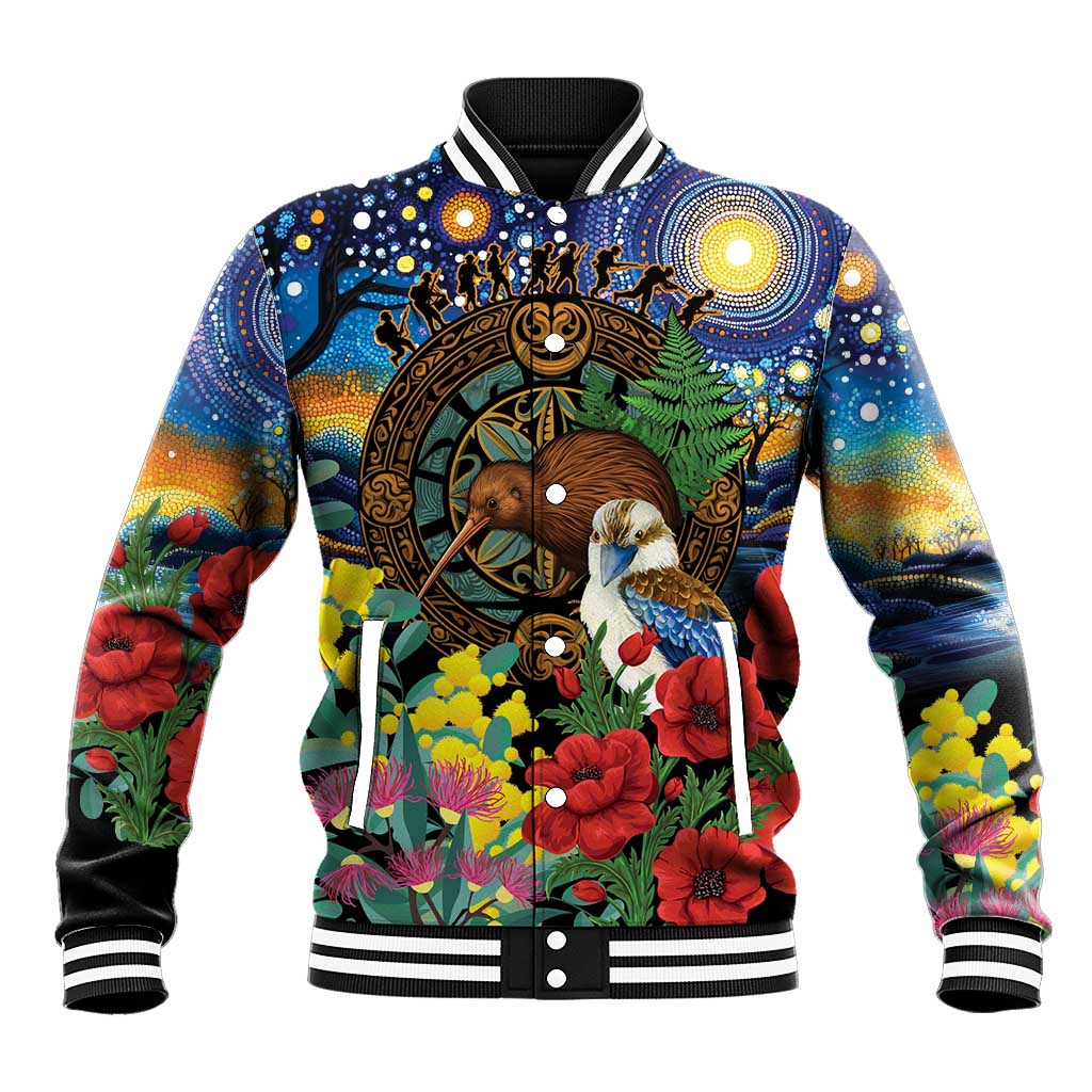 Kiwi-Kookaburra Bird ANZAC Personalised Baseball Jacket Aussie Golden Wattle Poppy Flowers