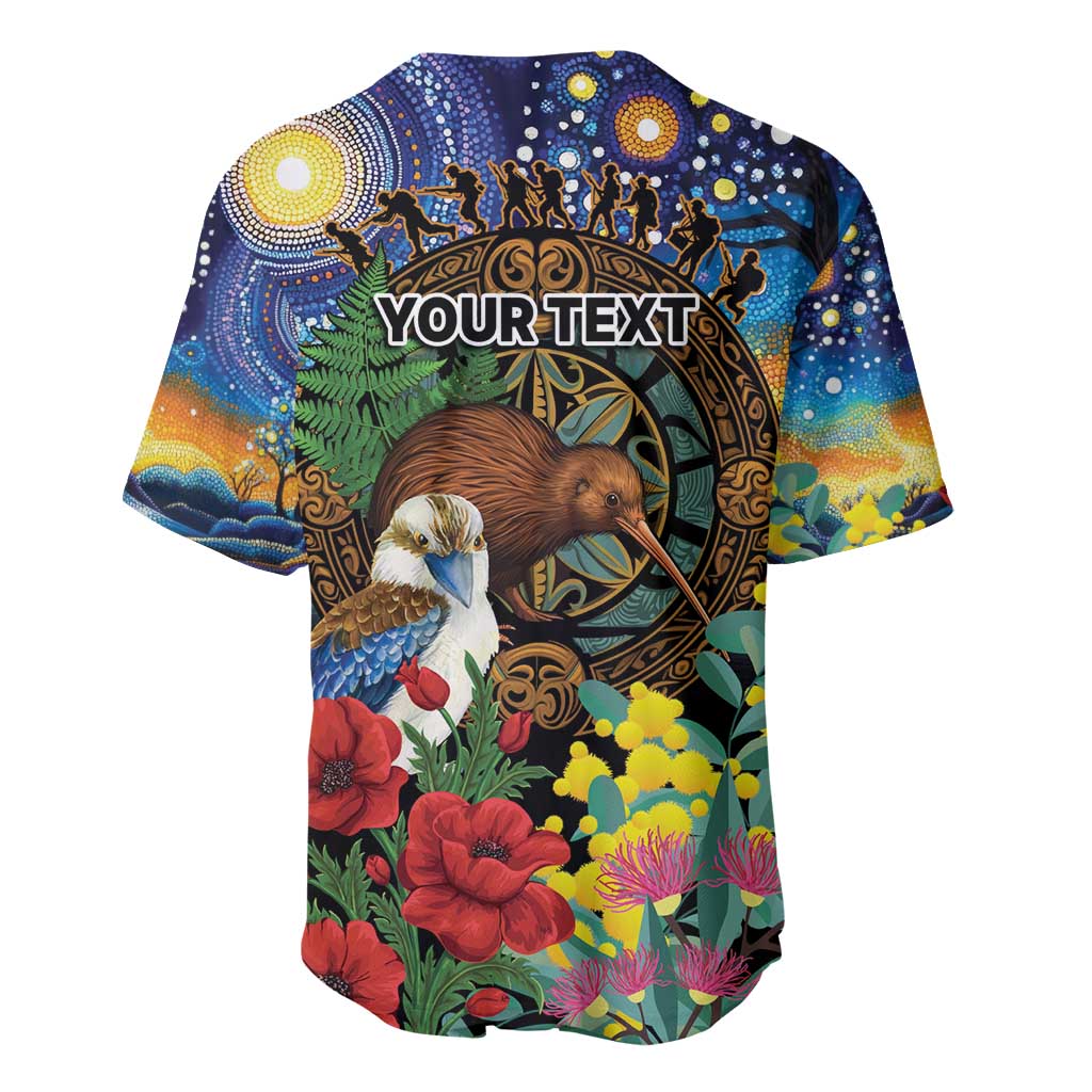 Kiwi-Kookaburra Bird ANZAC Personalised Baseball Jersey Aussie Golden Wattle Poppy Flowers
