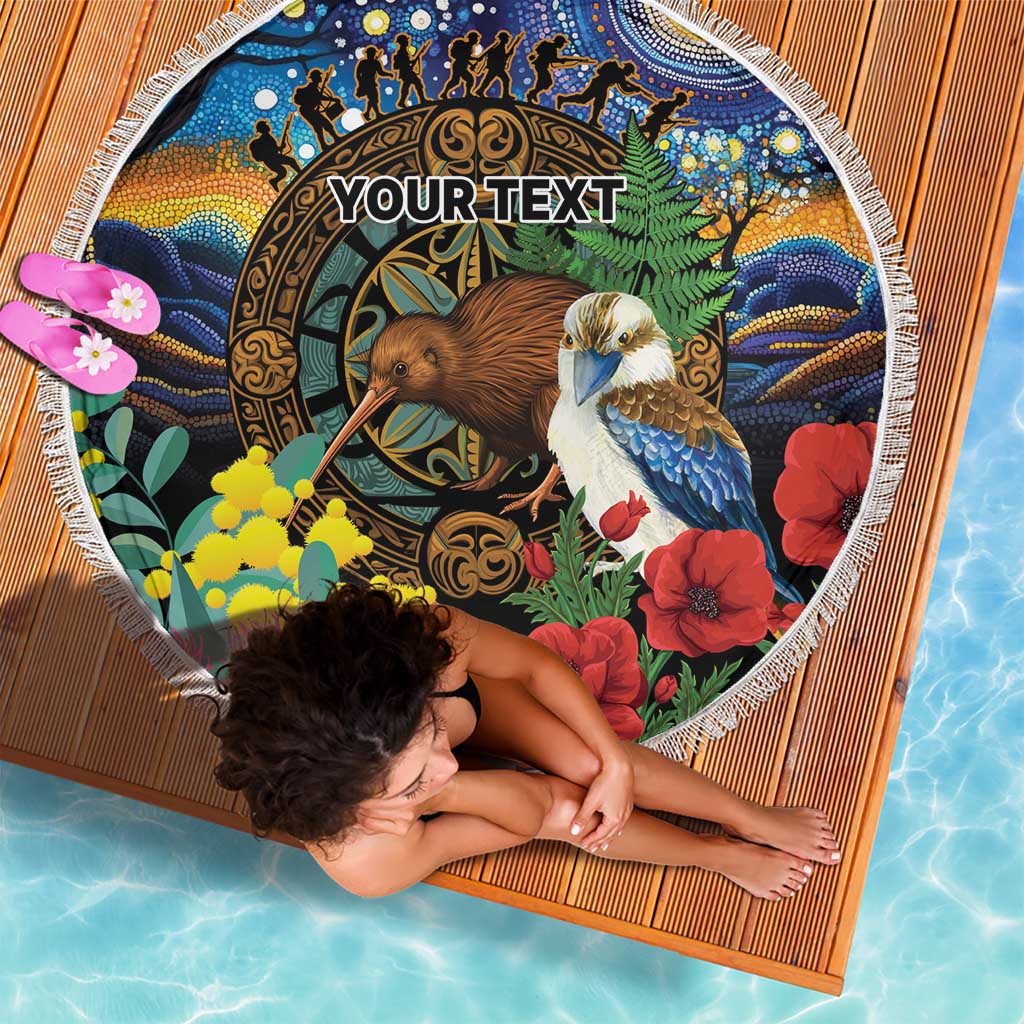 Kiwi-Kookaburra Bird ANZAC Personalised Beach Blanket Aussie Golden Wattle Poppy Flowers