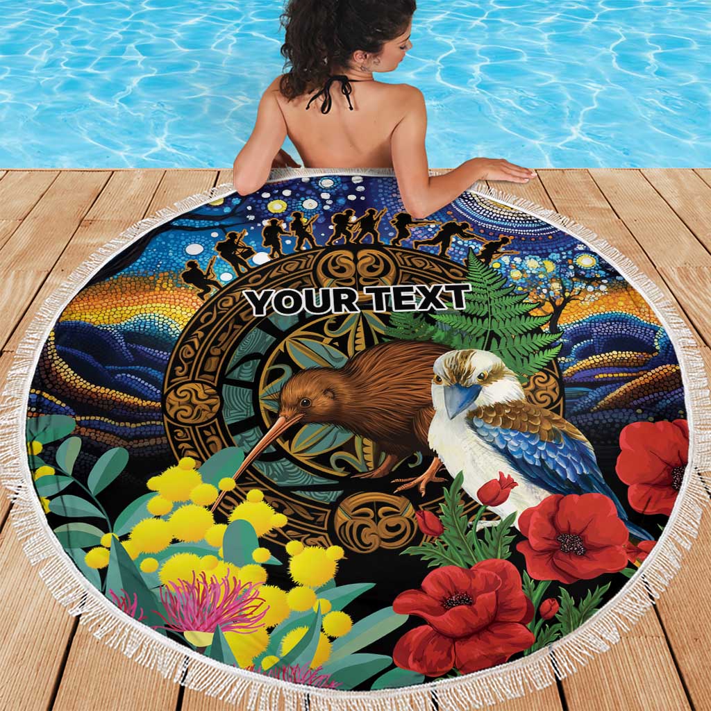Kiwi-Kookaburra Bird ANZAC Personalised Beach Blanket Aussie Golden Wattle Poppy Flowers