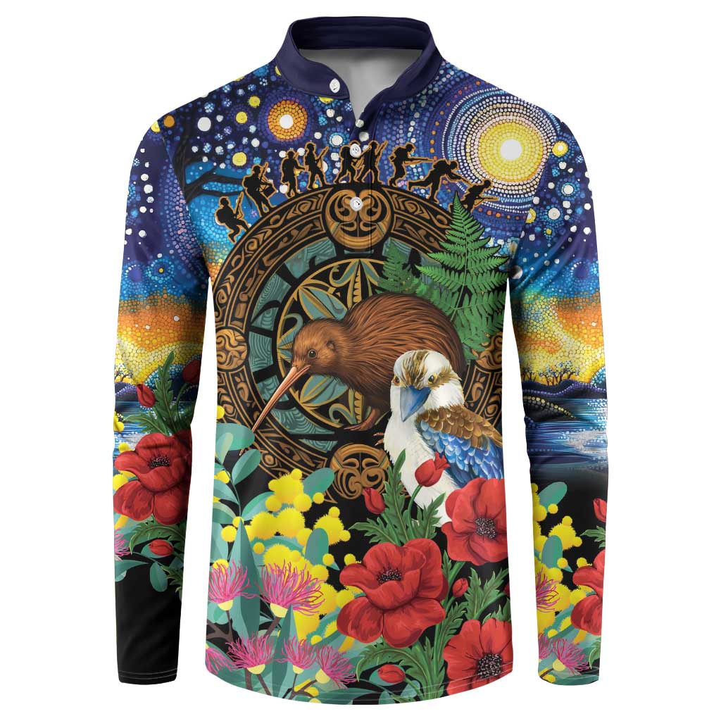 Kiwi-Kookaburra Bird ANZAC Personalised Button Sweatshirt Aussie Golden Wattle Poppy Flowers