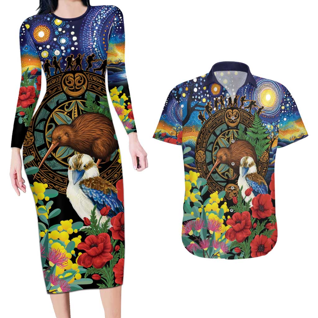 Kiwi-Kookaburra Bird ANZAC Personalised Couples Matching Long Sleeve Bodycon Dress and Hawaiian Shirt Aussie Golden Wattle Poppy Flowers