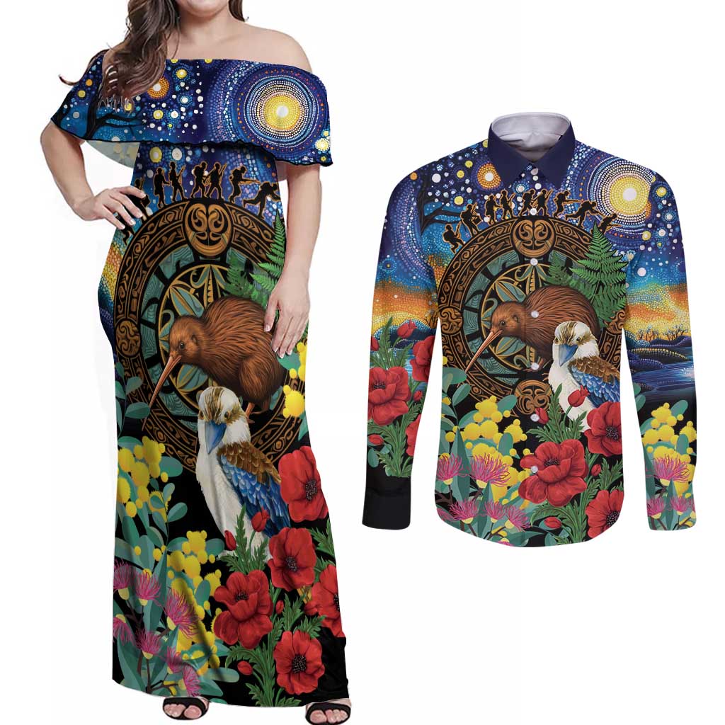 Kiwi-Kookaburra Bird ANZAC Personalised Couples Matching Off Shoulder Maxi Dress and Long Sleeve Button Shirt Aussie Golden Wattle Poppy Flowers