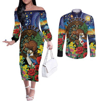 Kiwi-Kookaburra Bird ANZAC Personalised Couples Matching Off The Shoulder Long Sleeve Dress and Long Sleeve Button Shirt Aussie Golden Wattle Poppy Flowers