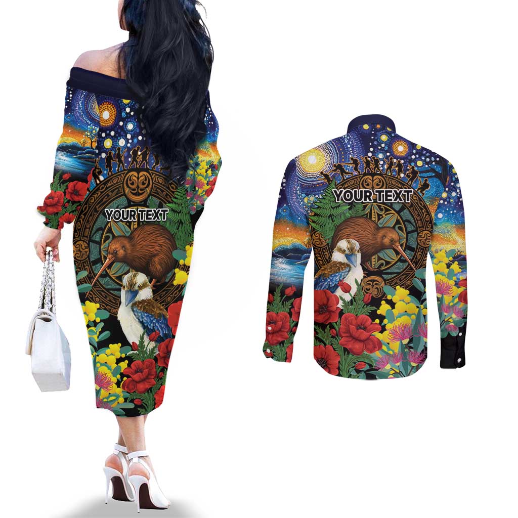 Kiwi-Kookaburra Bird ANZAC Personalised Couples Matching Off The Shoulder Long Sleeve Dress and Long Sleeve Button Shirt Aussie Golden Wattle Poppy Flowers