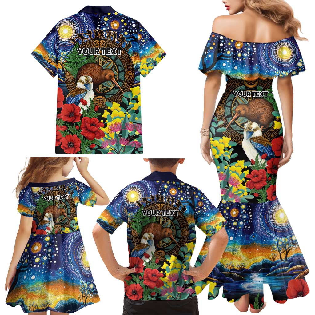 Kiwi-Kookaburra Bird ANZAC Personalised Family Matching Mermaid Dress and Hawaiian Shirt Aussie Golden Wattle Poppy Flowers
