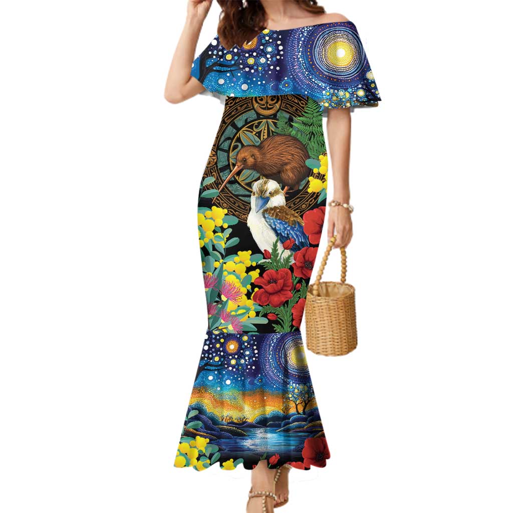 Kiwi-Kookaburra Bird ANZAC Personalised Family Matching Mermaid Dress and Hawaiian Shirt Aussie Golden Wattle Poppy Flowers