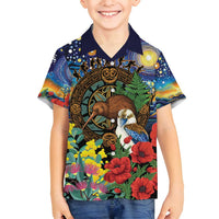 Kiwi-Kookaburra Bird ANZAC Personalised Family Matching Off Shoulder Short Dress and Hawaiian Shirt Aussie Golden Wattle Poppy Flowers