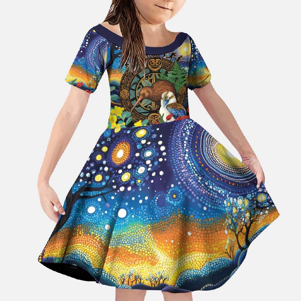 Kiwi-Kookaburra Bird ANZAC Personalised Family Matching Short Sleeve Bodycon Dress and Hawaiian Shirt Aussie Golden Wattle Poppy Flowers