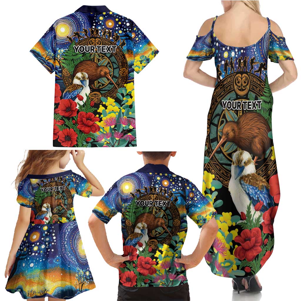 Kiwi-Kookaburra Bird ANZAC Personalised Family Matching Summer Maxi Dress and Hawaiian Shirt Aussie Golden Wattle Poppy Flowers