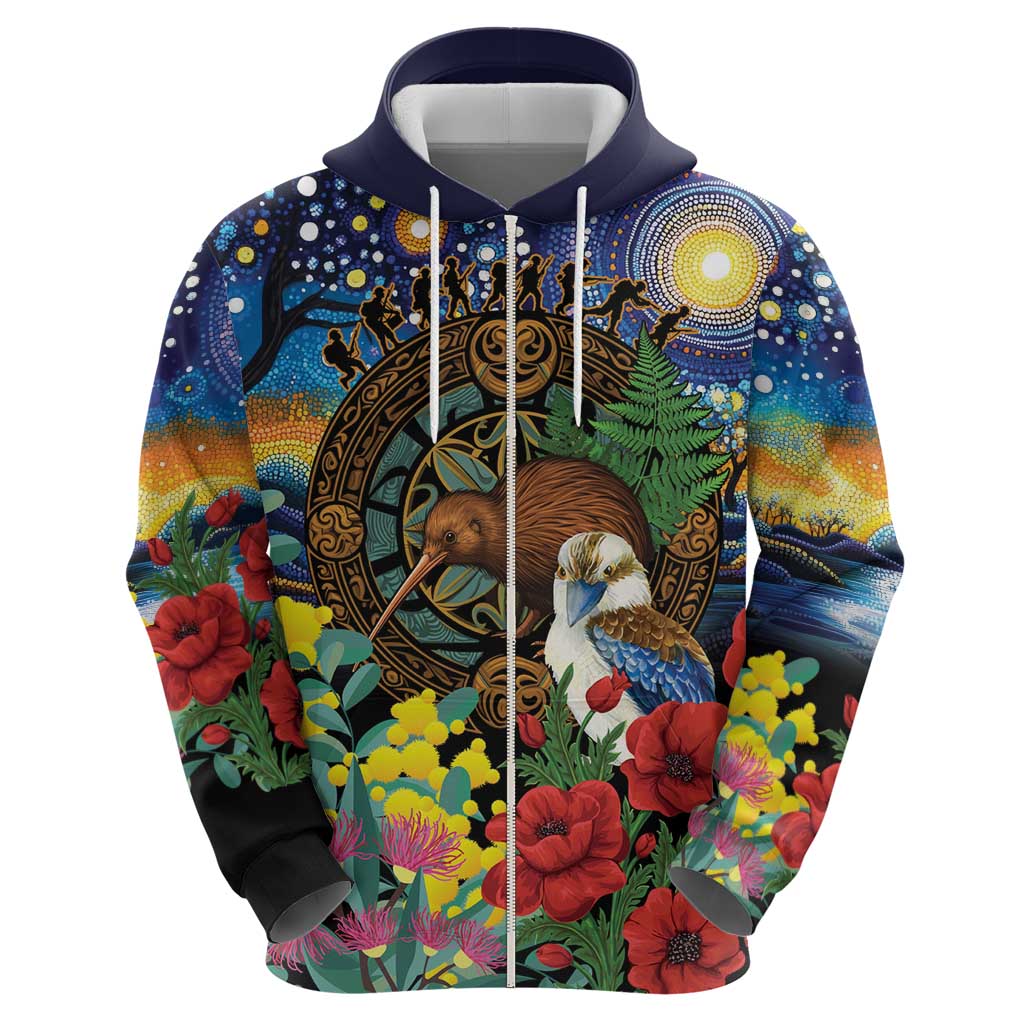 Kiwi-Kookaburra Bird ANZAC Personalised Hoodie Aussie Golden Wattle Poppy Flowers