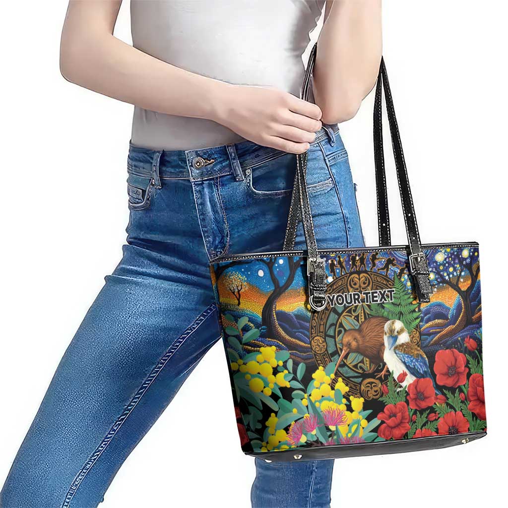 Kiwi-Kookaburra Bird ANZAC Personalised Leather Tote Bag Aussie Golden Wattle Poppy Flowers