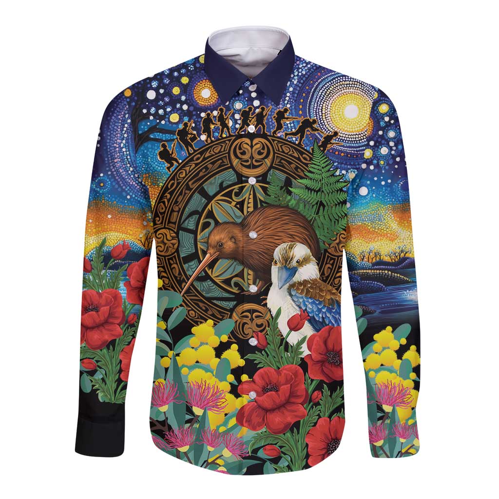 Kiwi-Kookaburra Bird ANZAC Personalised Long Sleeve Button Shirt Aussie Golden Wattle Poppy Flowers