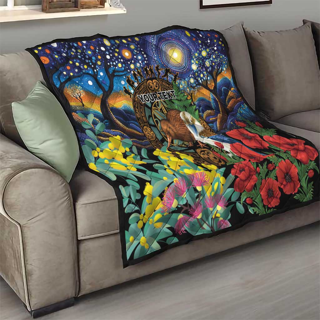 Kiwi-Kookaburra Bird ANZAC Personalised Quilt Aussie Golden Wattle Poppy Flowers