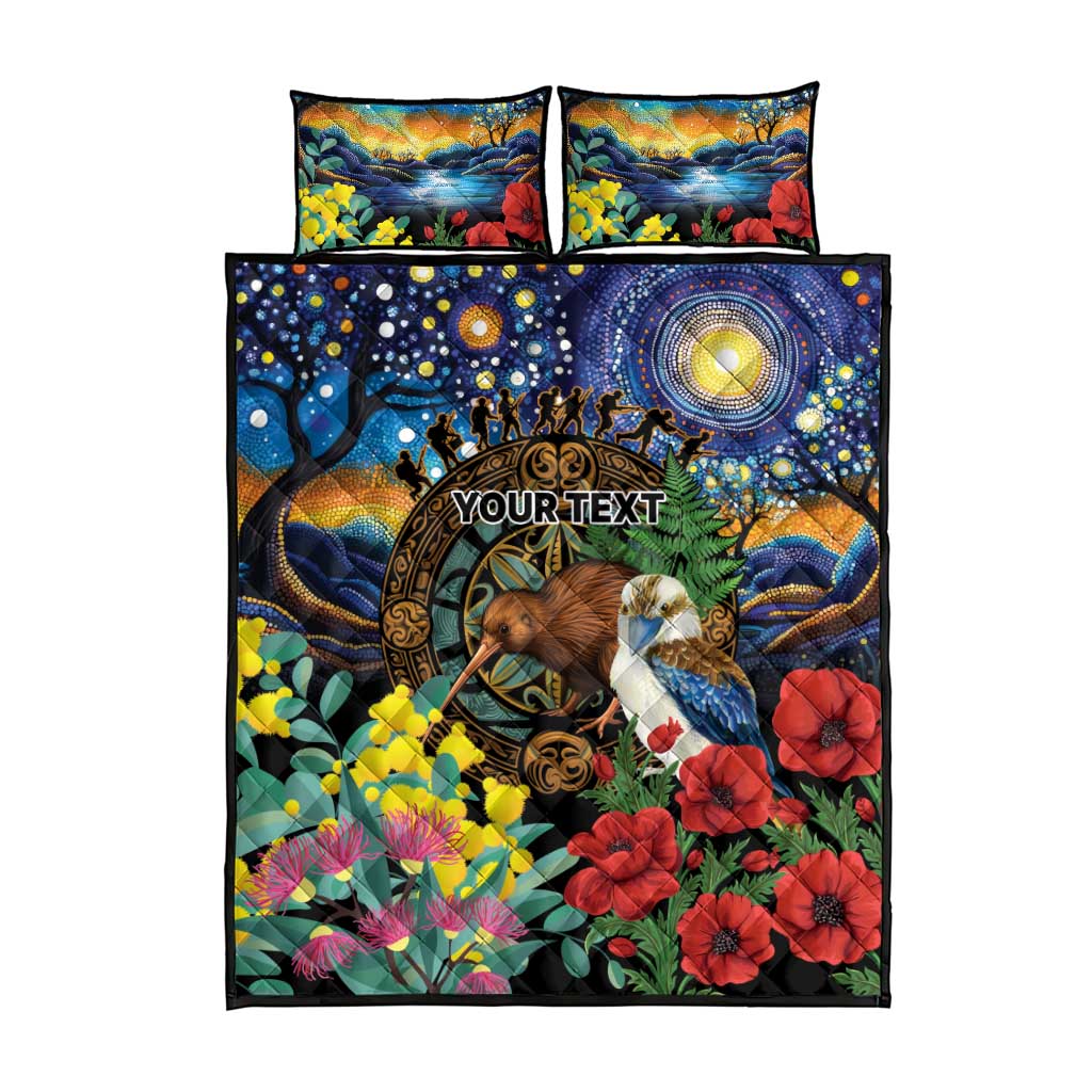 Kiwi-Kookaburra Bird ANZAC Personalised Quilt Bed Set Aussie Golden Wattle Poppy Flowers