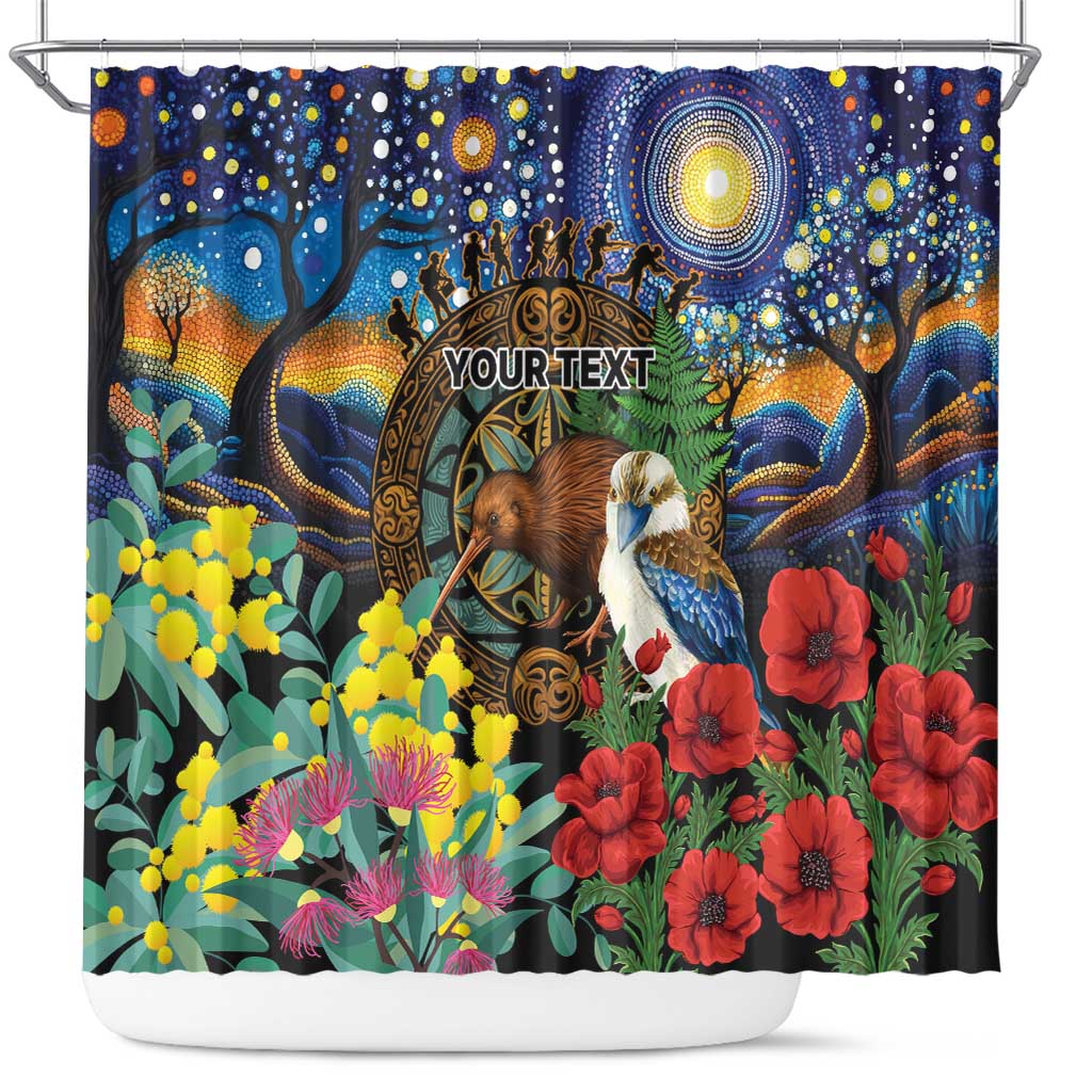 Kiwi-Kookaburra Bird ANZAC Personalised Shower Curtain Aussie Golden Wattle Poppy Flowers LT9 Blue - Polynesian Pride