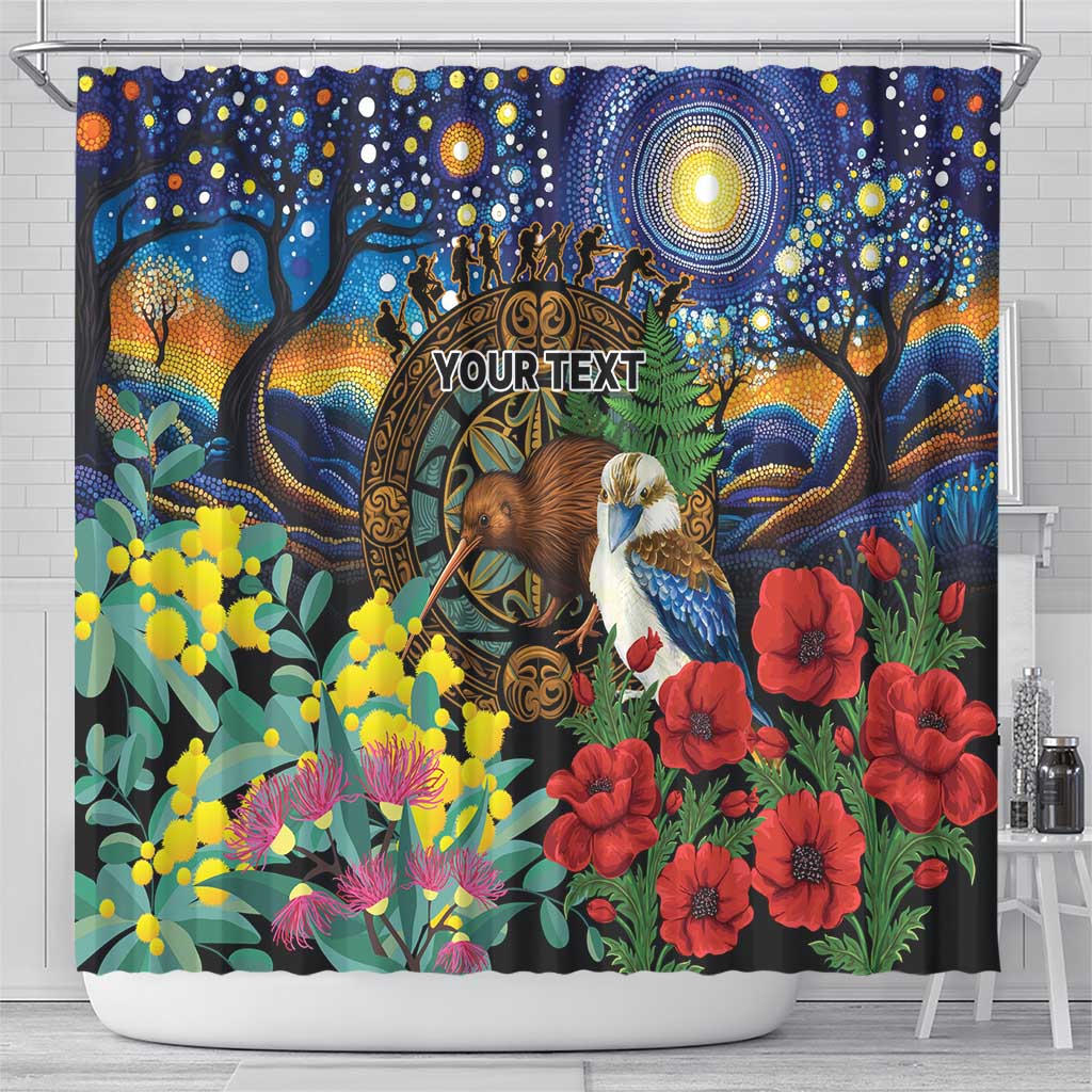 Kiwi-Kookaburra Bird ANZAC Personalised Shower Curtain Aussie Golden Wattle Poppy Flowers LT9 - Polynesian Pride