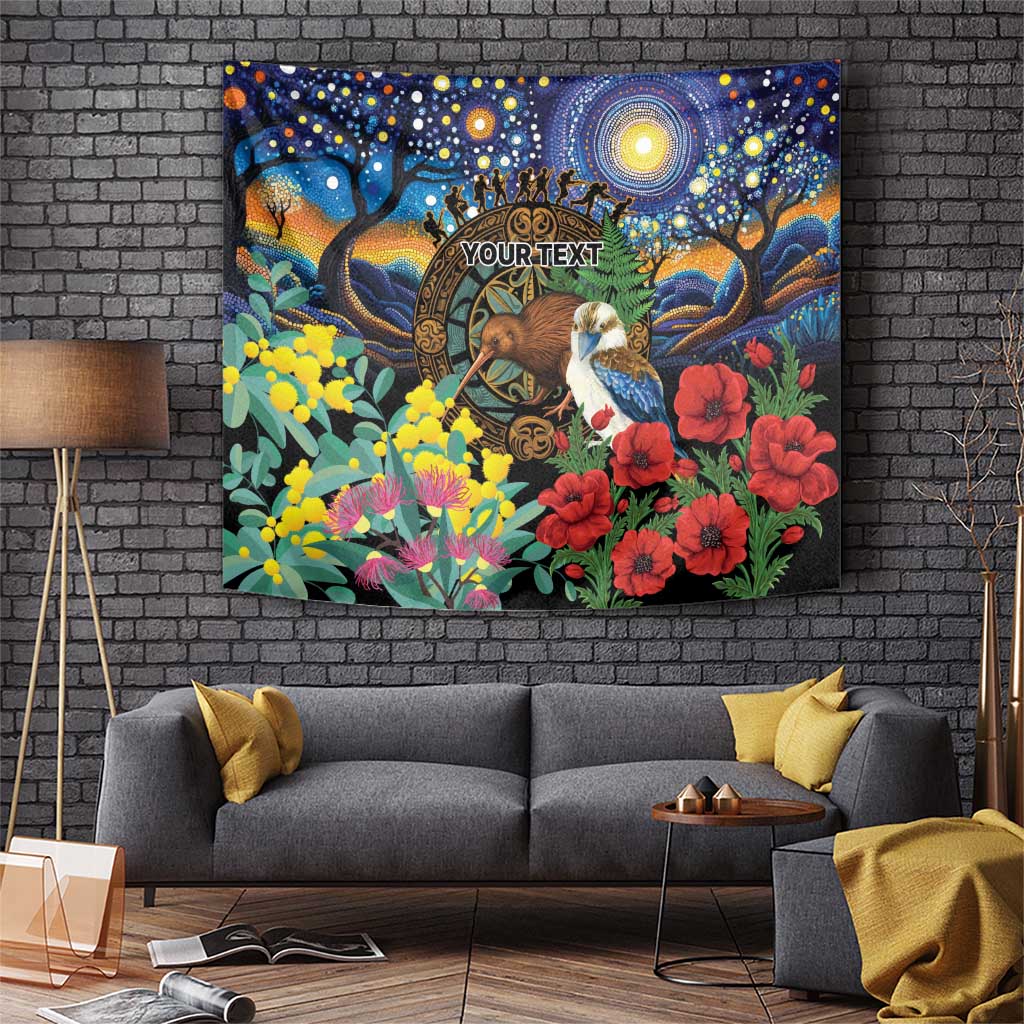 Kiwi-Kookaburra Bird ANZAC Personalised Tapestry Aussie Golden Wattle Poppy Flowers